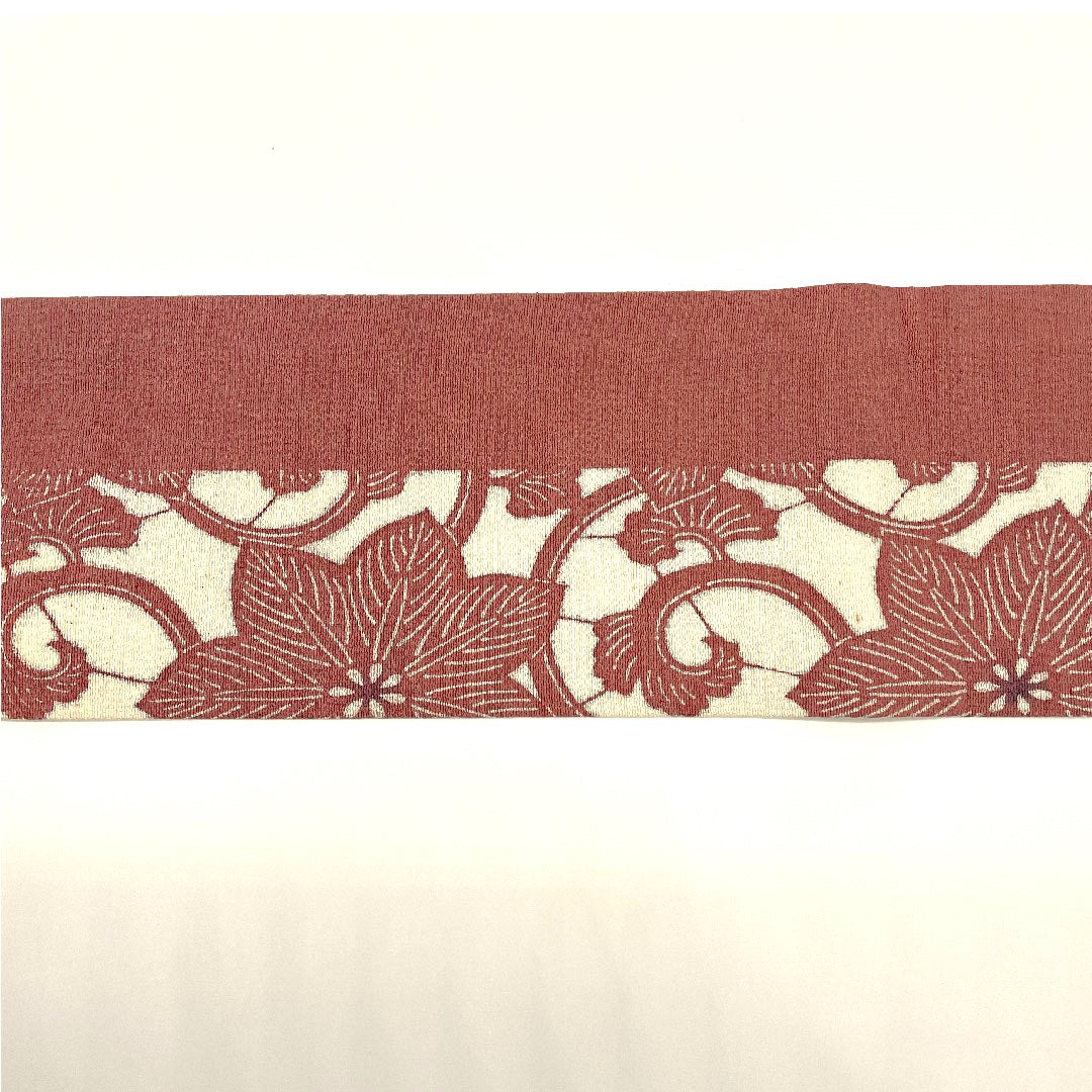 名古屋帯 花唐草 型染 縞 縮緬地 帯丈371cm 正絹 Sランク 全通 カジュアル ピンク系 1124000252313  名古屋仕立て