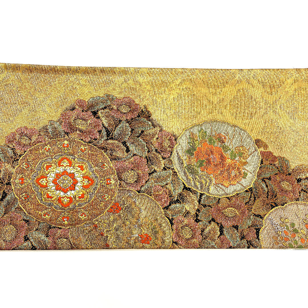 袋帯 華飾流堆朱文 帯丈423cm 正絹 Sランク 六通 フォーマル 金系 1123001952321