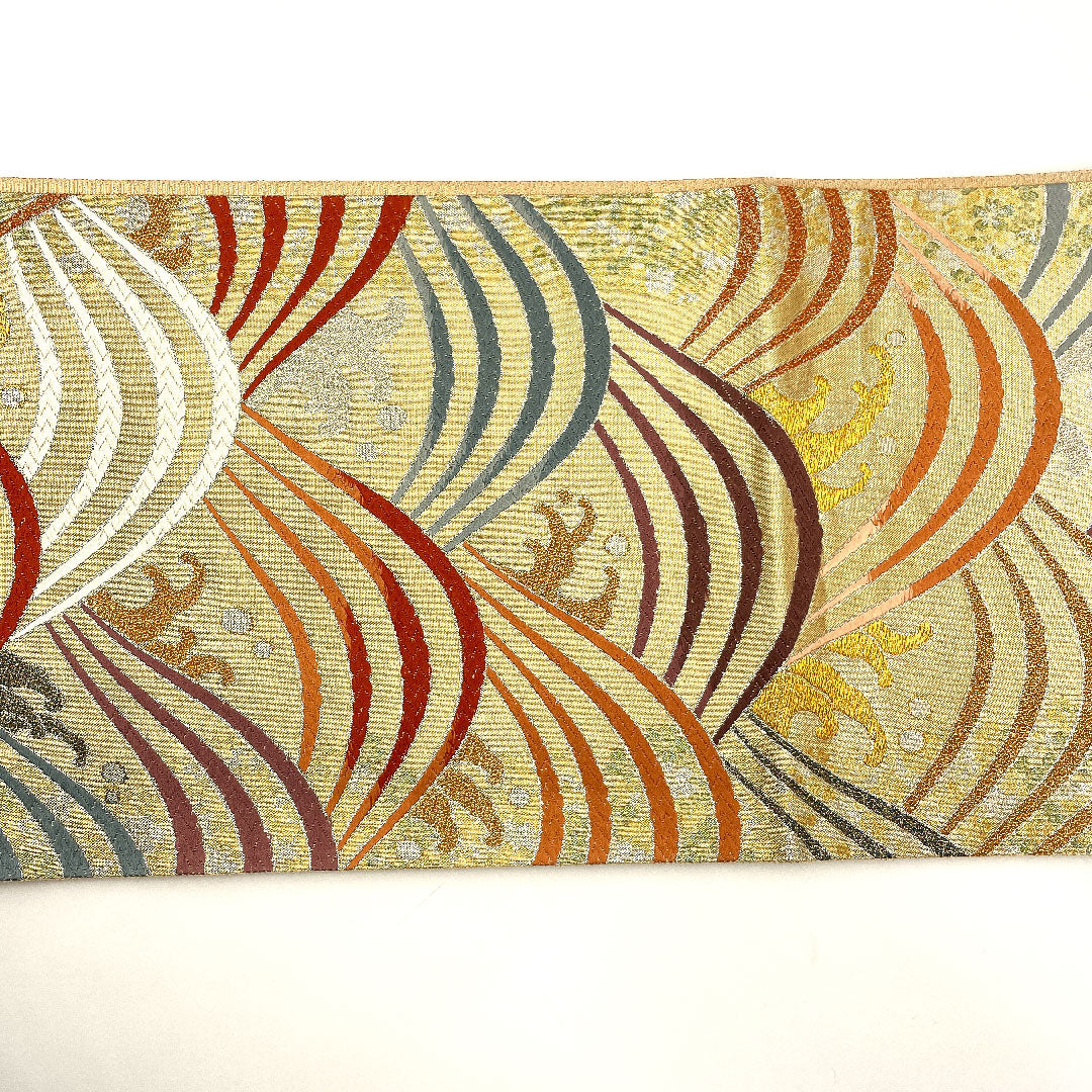 袋帯 波模様 カラフル 帯丈434cm 正絹 Sランク 六通 フォーマル 金系 1123001742321