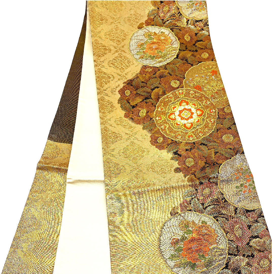 袋帯 華飾流堆朱文 帯丈423cm 正絹 Sランク 六通 フォーマル 金系 1123001952321