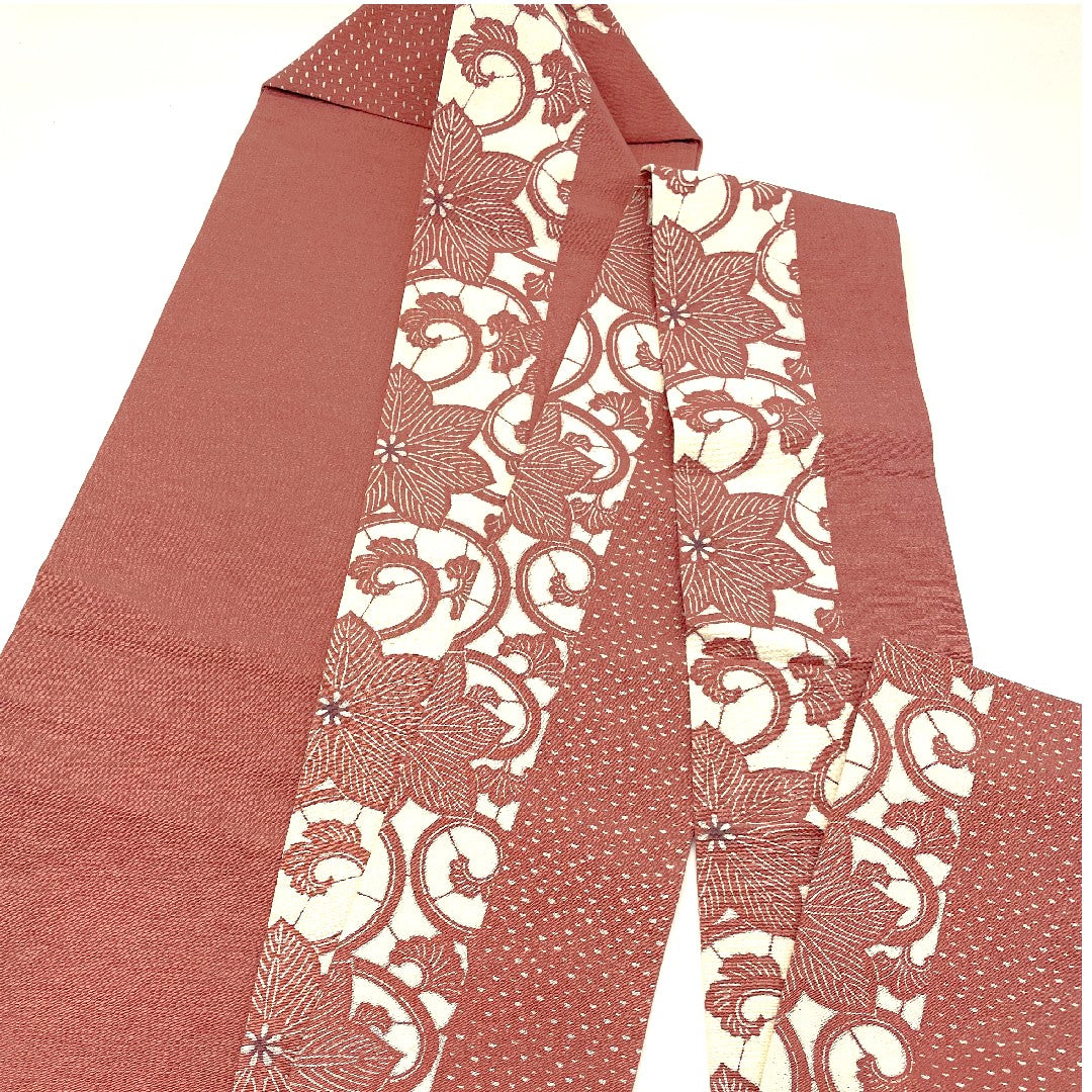 名古屋帯 花唐草 型染 縞 縮緬地 帯丈371cm 正絹 Sランク 全通 カジュアル ピンク系 1124000252313  名古屋仕立て