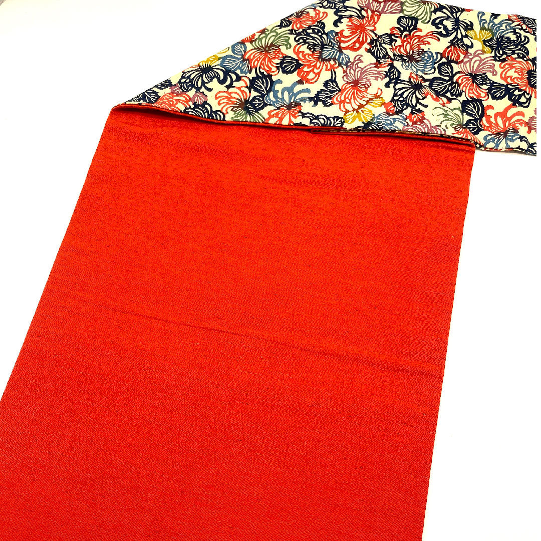 名古屋帯 紬 菊 京紅型 帯丈351cm 正絹 Aランク 六通 カジュアル 白系 1124000922311  名古屋仕立て