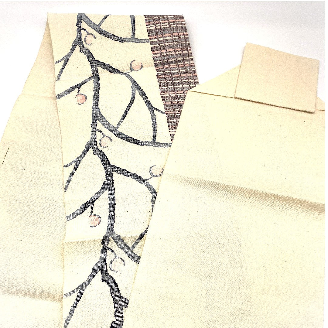 名古屋帯 真綿紬 枝蕾模様 帯丈359cm 正絹 Sランク 六通 カジュアル クリーム系 1124000272315  松葉仕立て