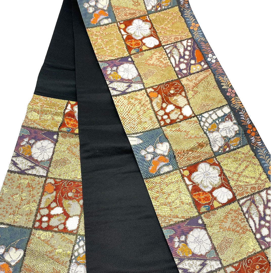 袋帯 辻ヶ花 葵 菱 市松 帯丈422cm 正絹 Sランク 六通 セミフォーマル 金系 1123001532321