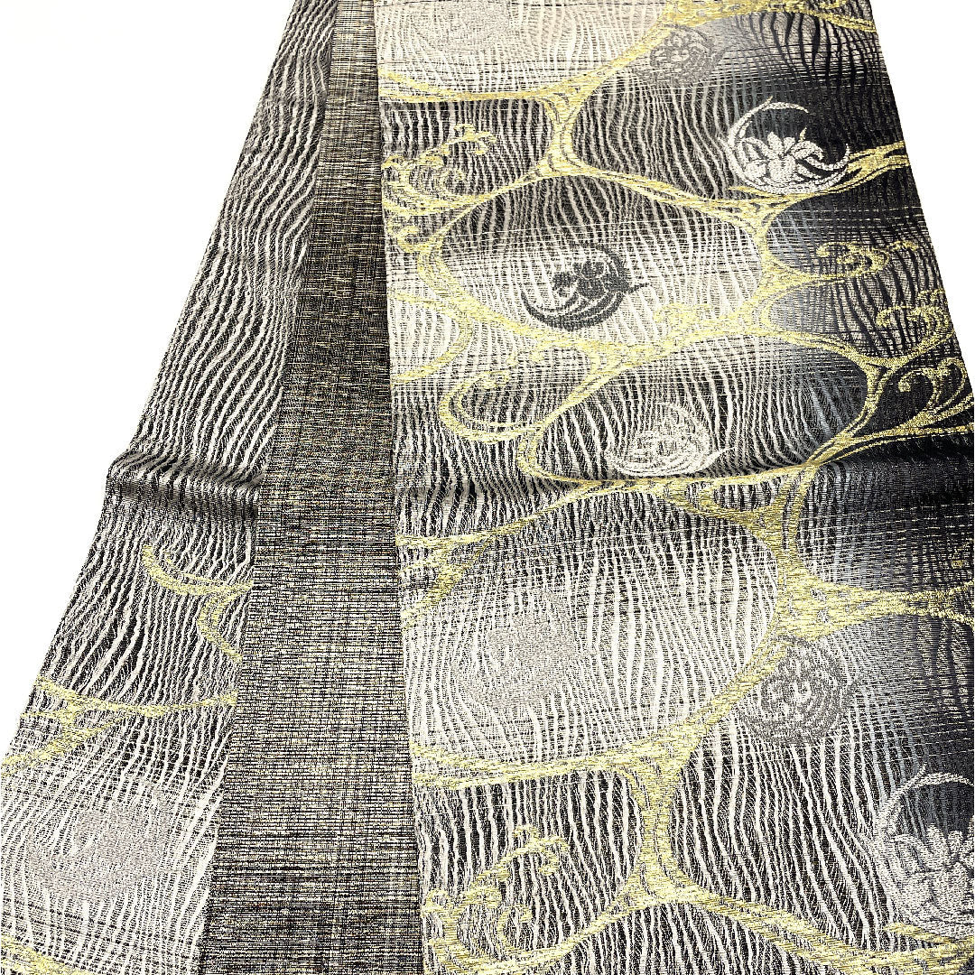 袋帯 本泥染 流水 菖蒲 帯丈442cm 正絹 Sランク 六通 セミフォーマル 黒系 1123001692310