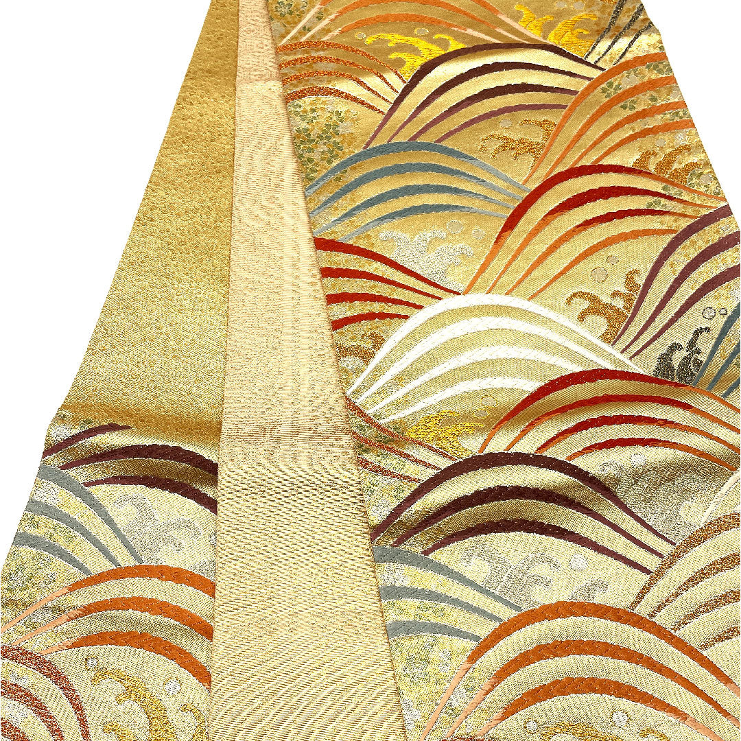 袋帯 波模様 カラフル 帯丈434cm 正絹 Sランク 六通 フォーマル 金系 1123001742321