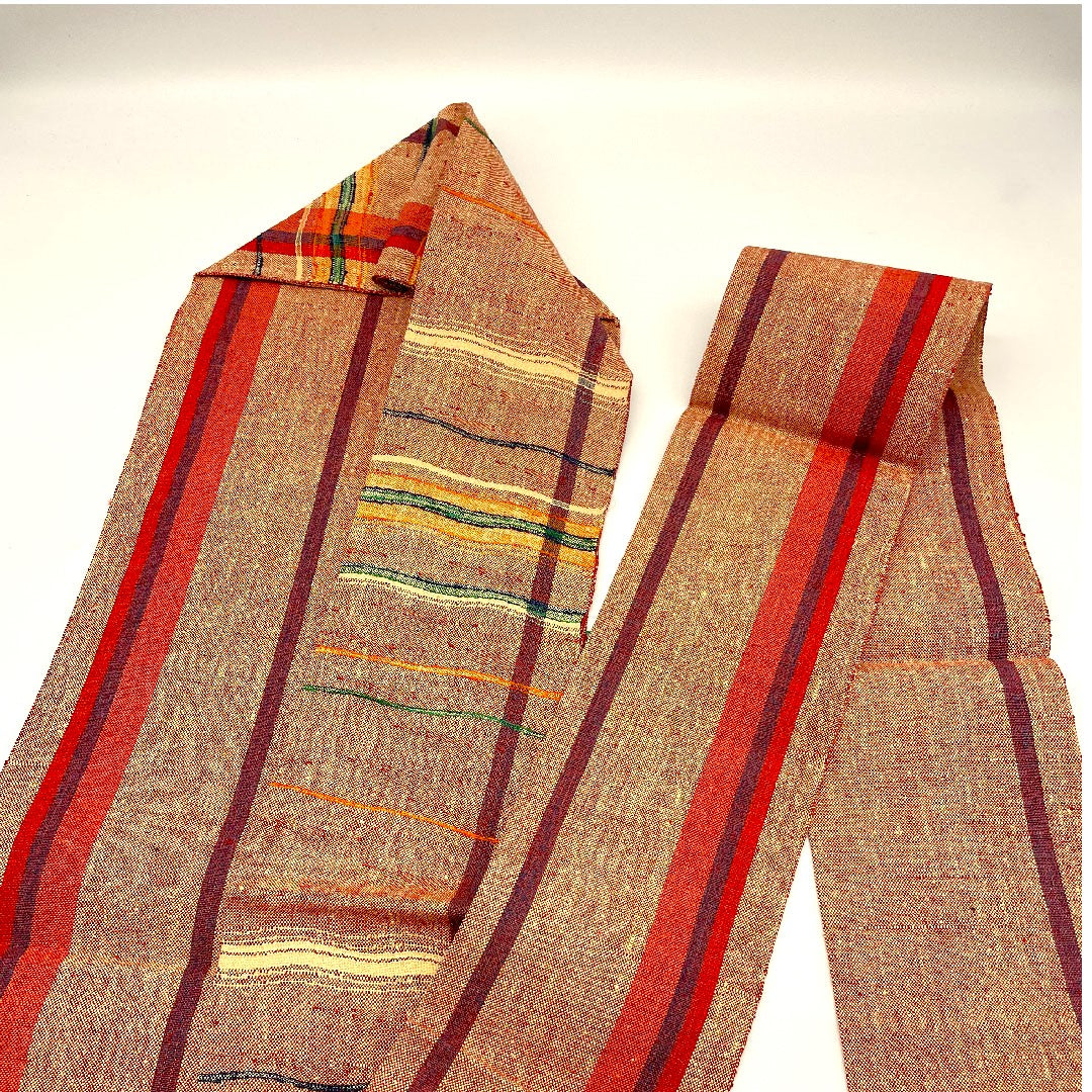 名古屋帯 よろけ横段 縞模様 帯丈354cm 正絹 Sランク 全通 カジュアル 朱系 1124000182316  名古屋仕立て