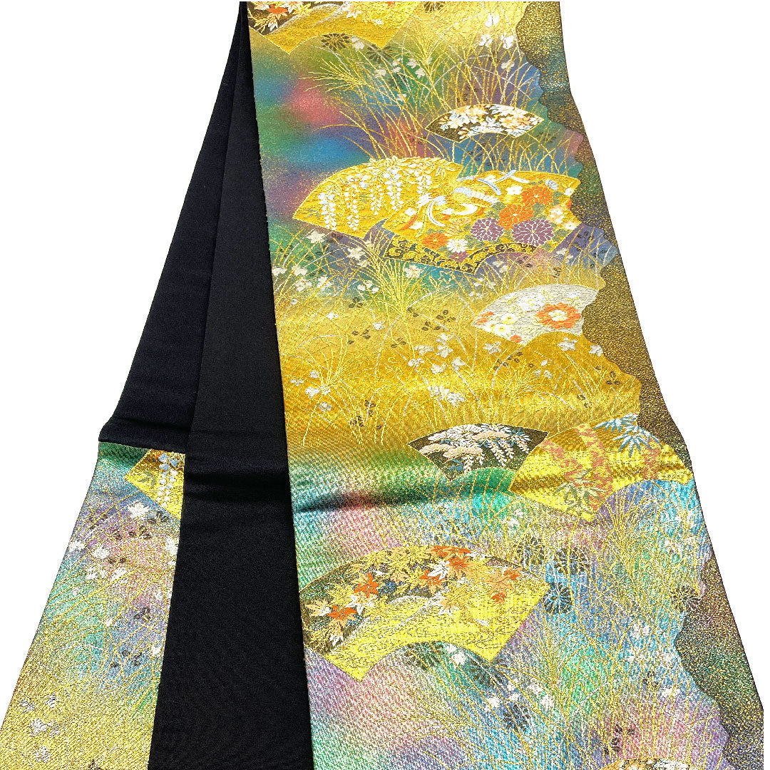 袋帯 松竹梅 四季の花 カラフル 帯丈441cm 正絹 Sランク 六通 フォーマル 金系 1123001972321