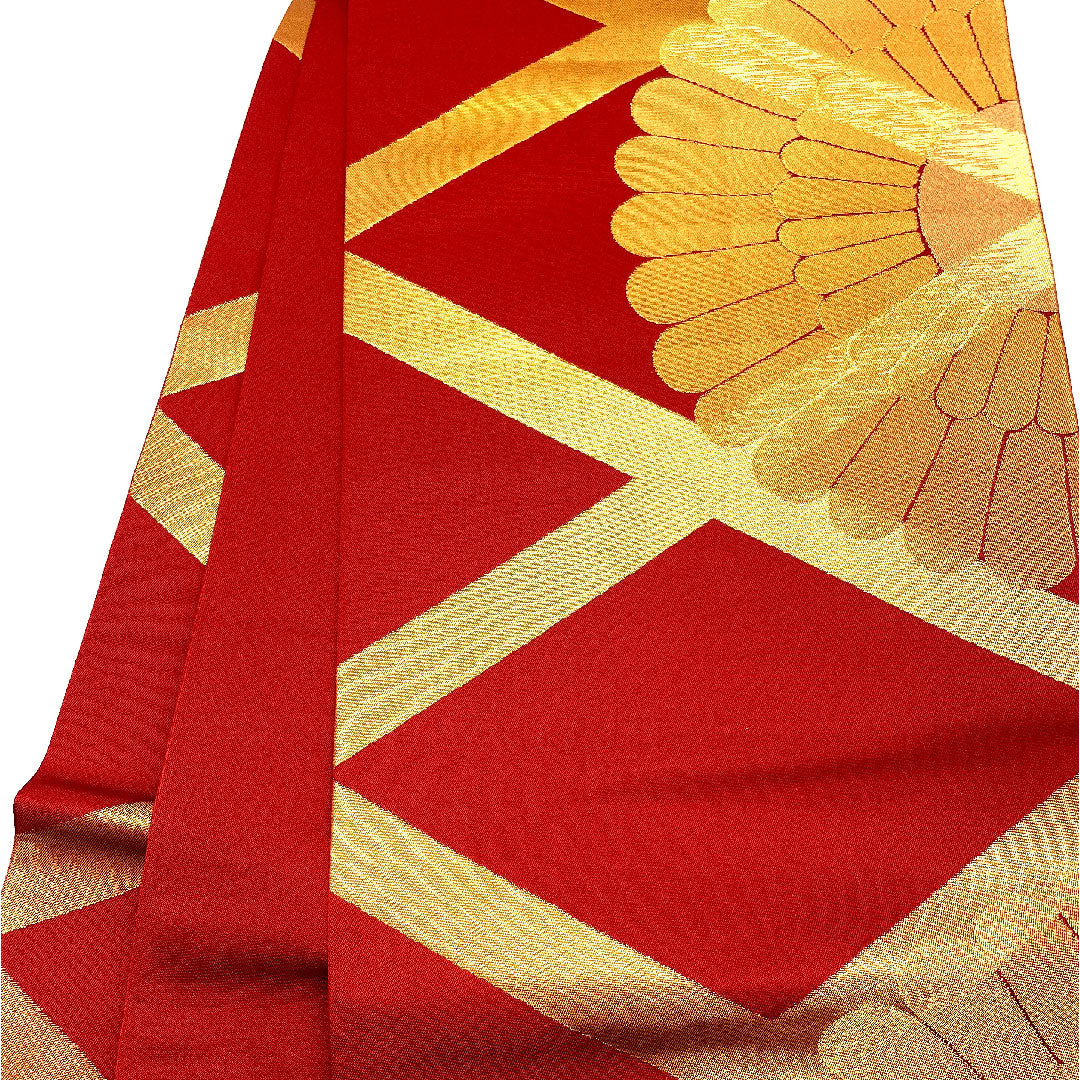 袋帯 菱 花 三風魯 帯丈445cm 正絹 Sランク 全通 フォーマル 赤系 1123002092312