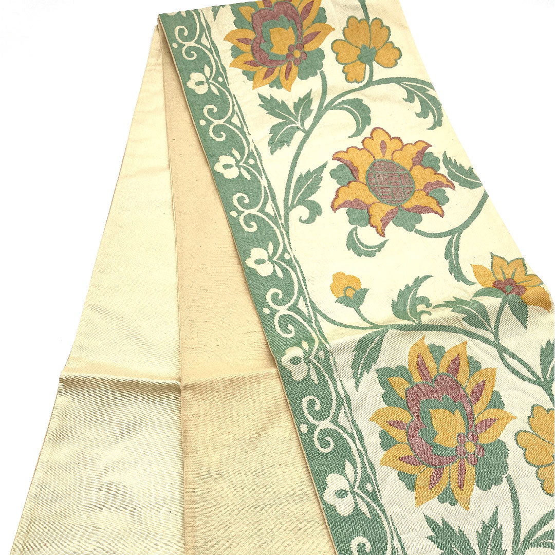 （未仕立）袋帯 単衣 唐花模様 帯丈412cm 正絹 Sランク 六通 カジュアル クリーム系 1123003272315
