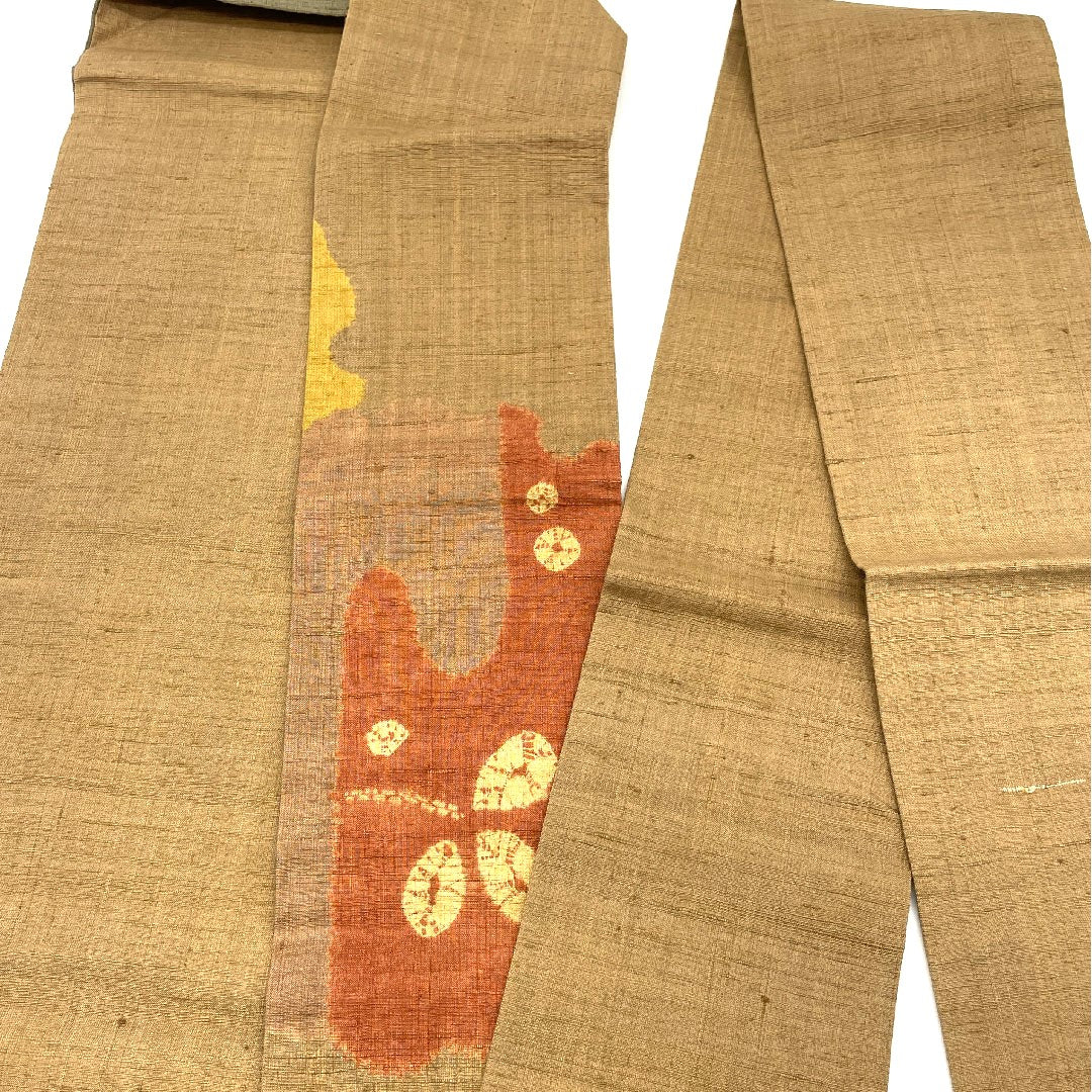 名古屋帯 生紬 雪輪 草葉模様 帯丈373cm 正絹 Sランク 六通 カジュアル 茶系 1124000322314  名古屋仕立て