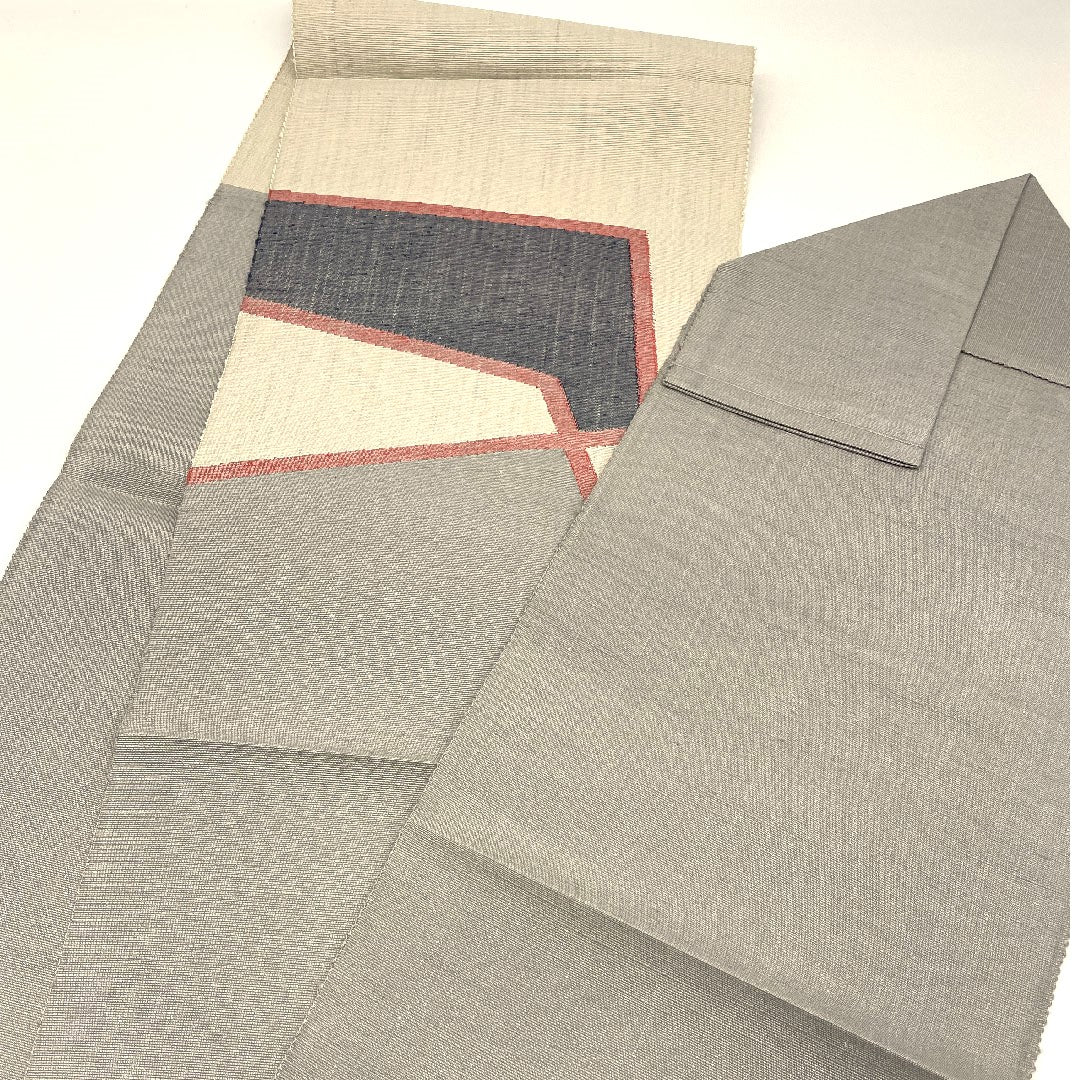 名古屋帯 手織り紬 抽象模様 帯丈377cm 正絹 Sランク ポイント柄 カジュアル グレー系 1124000292322  松葉仕立て