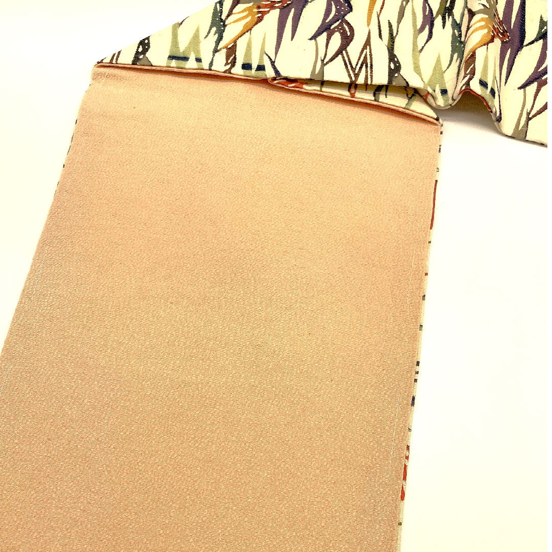 名古屋帯 山 京紅型 ちりめん 帯丈353cm 正絹 Sランク 六通 カジュアル 白系 1124000952311  名古屋仕立て