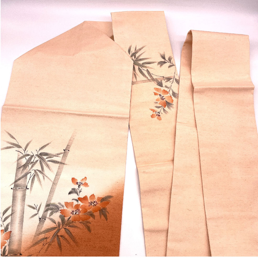 名古屋帯 証紙つき 本場結城紬 手書き 草花笹竹 帯丈376cm 正絹 Sランク ポイント柄 カジュアル 朱系 1124000412316  名古屋仕立て