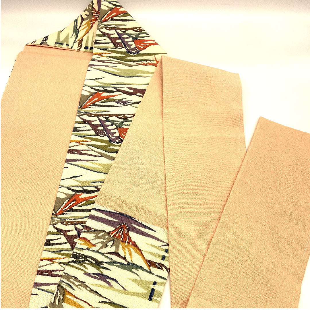 名古屋帯 山 京紅型 ちりめん 帯丈353cm 正絹 Sランク 六通 カジュアル 白系 1124000952311  名古屋仕立て