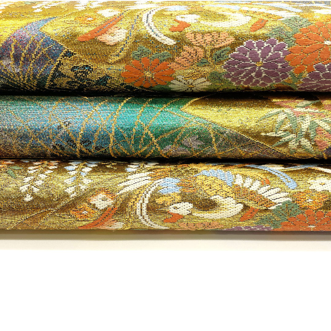 袋帯 松竹梅 四季の花 カラフル 帯丈441cm 正絹 Sランク 六通 フォーマル 金系 1123001972321