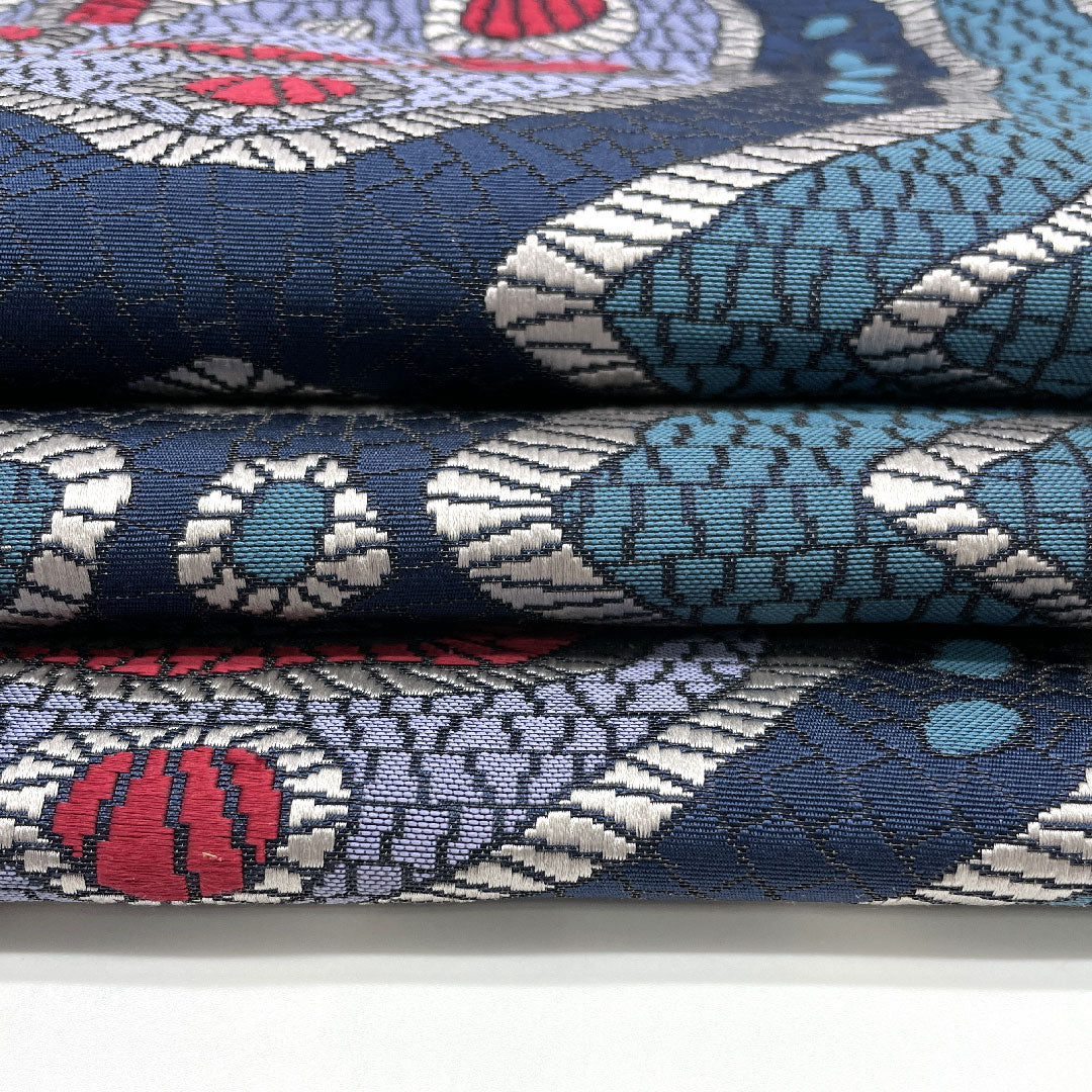 名古屋帯 本場筑前博多 抽象模様 帯丈360cm 正絹 Sランク 六通 カジュアル 青系 1124000532317  松葉仕立て