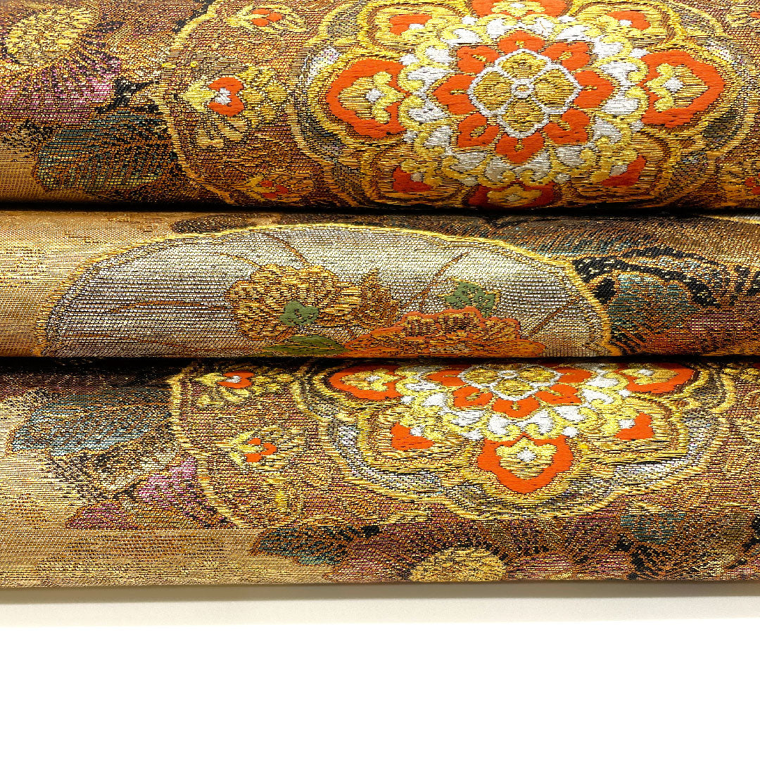 袋帯 華飾流堆朱文 帯丈423cm 正絹 Sランク 六通 フォーマル 金系 1123001952321