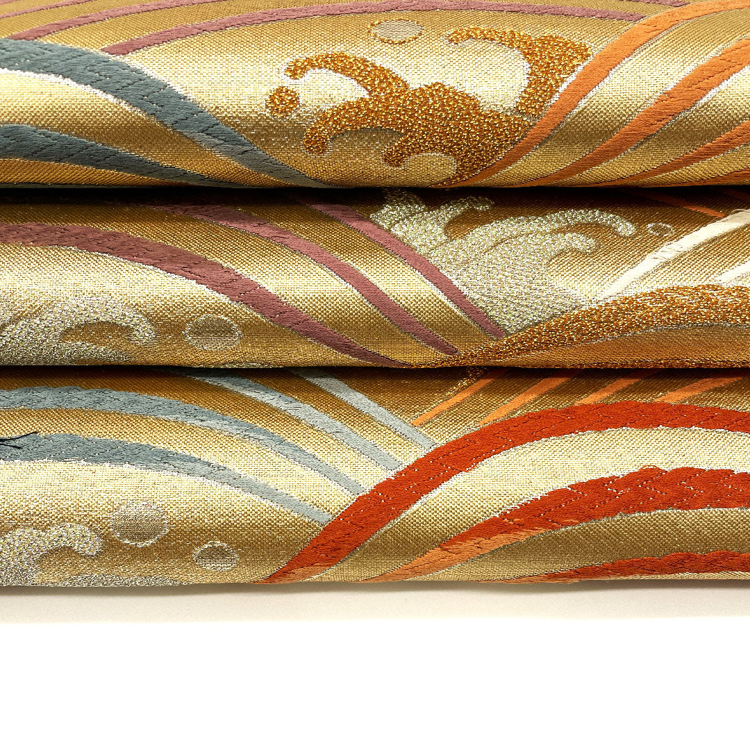 袋帯 波模様 カラフル 帯丈434cm 正絹 Sランク 六通 フォーマル 金系 1123001742321