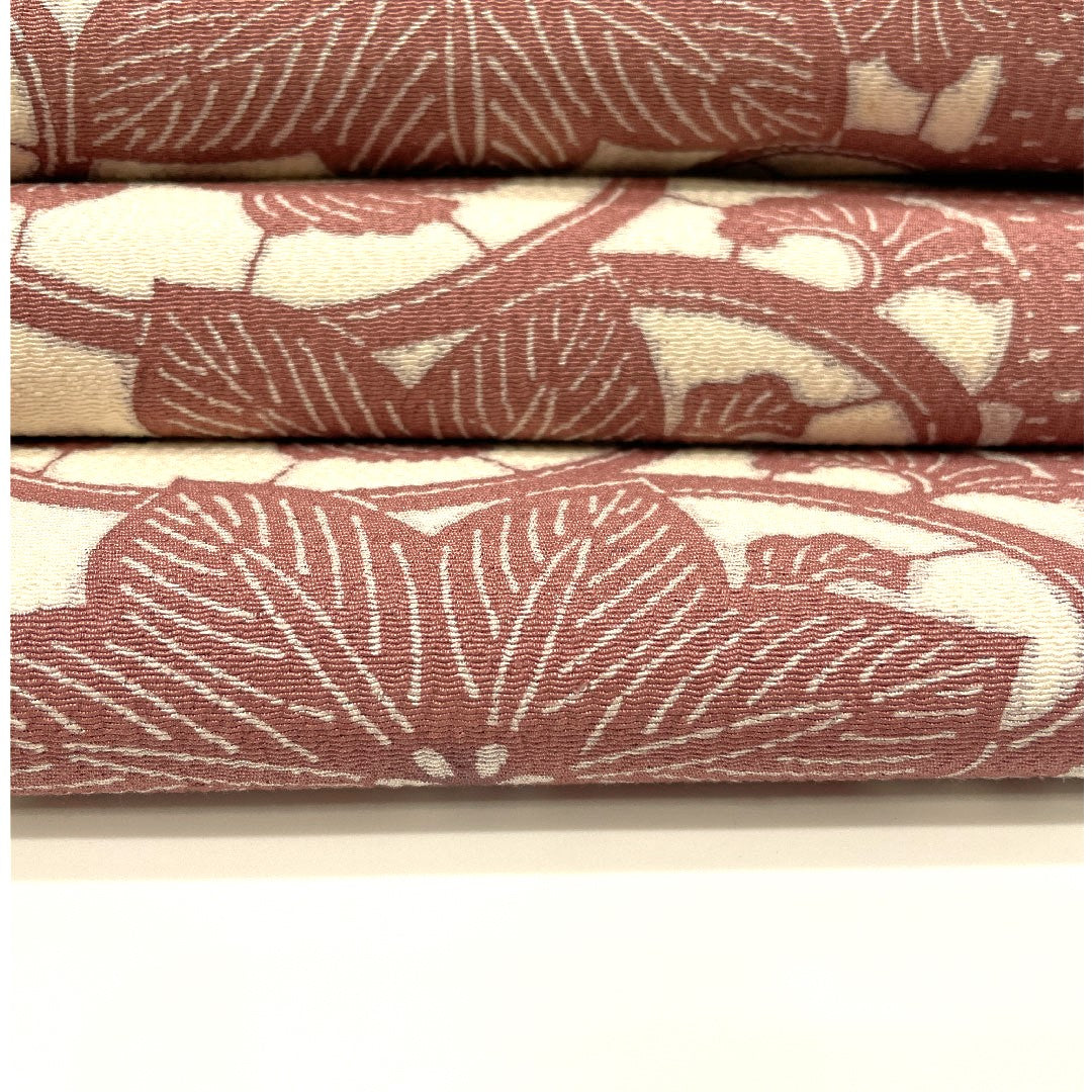 リサイクル着物】名古屋帯 花唐草 型染 縞 縮緬地 帯丈371cm 正絹 S