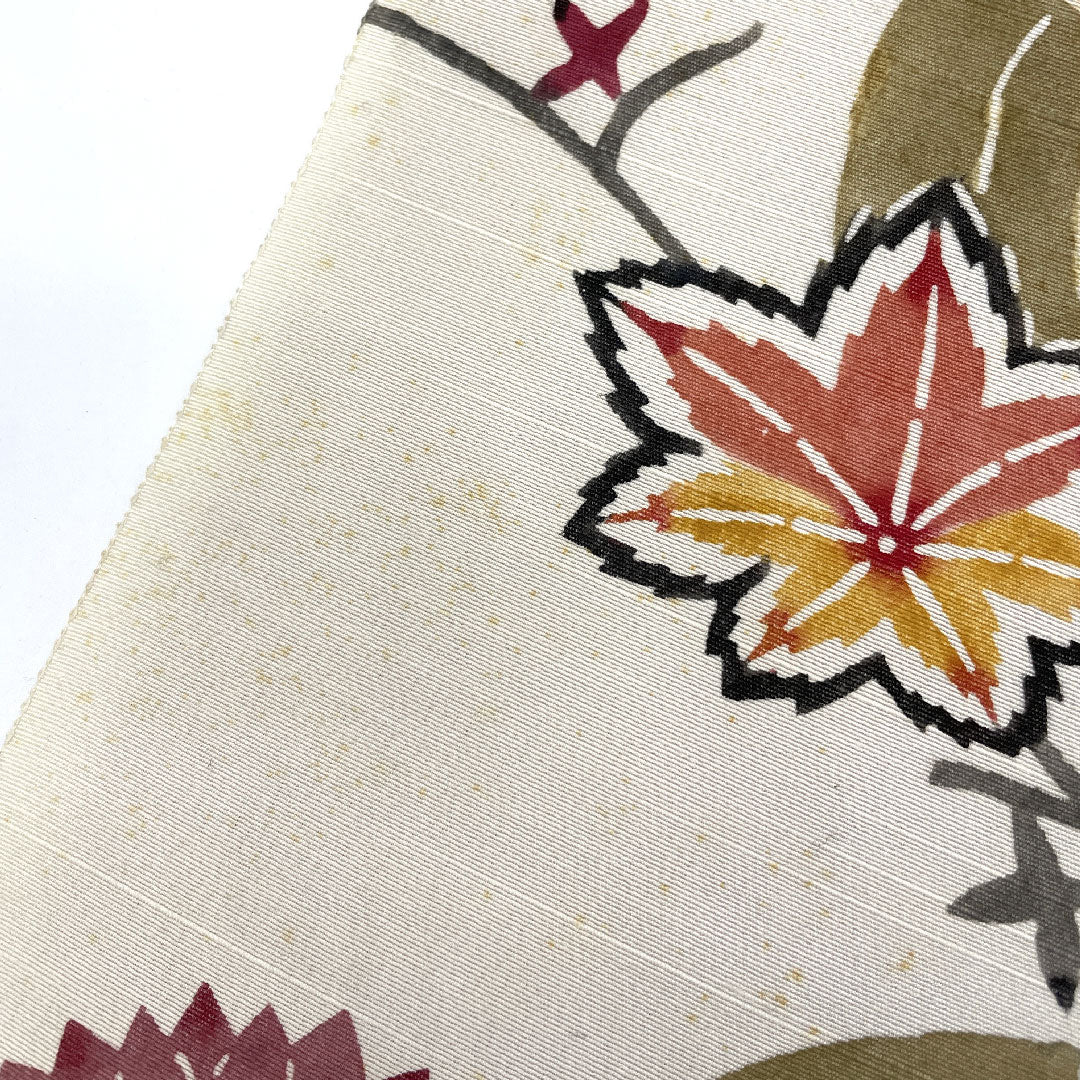 （未仕立）名古屋帯  京紅型 流水 紅葉 菊 帯丈390cm 正絹 Aランク 六通 カジュアル 白系 1124000683311