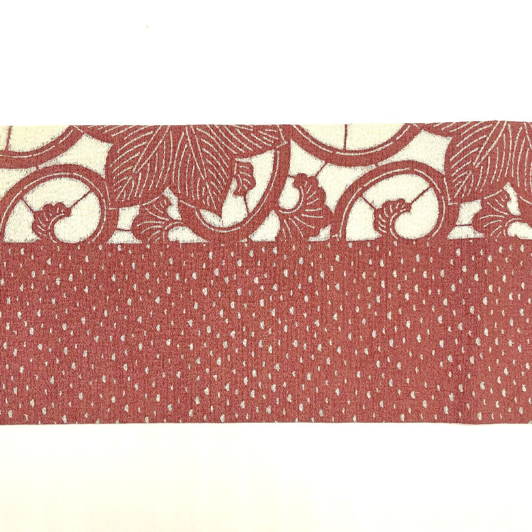 リサイクル着物】名古屋帯 花唐草 型染 縞 縮緬地 帯丈371cm 正絹 S