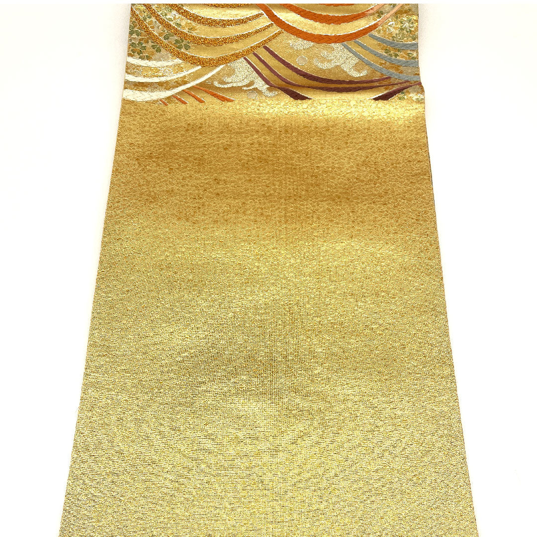 袋帯 波模様 カラフル 帯丈434cm 正絹 Sランク 六通 フォーマル 金系 1123001742321