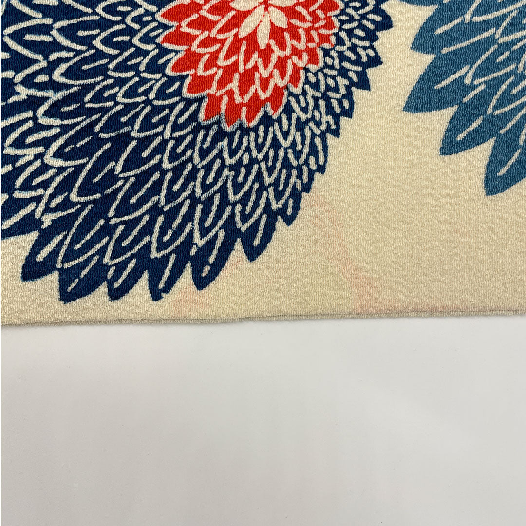 名古屋帯 縮緬地 菊模様 帯丈361cm 正絹 Bランク 全通 カジュアル クリーム系 1124000314315  名古屋仕立て