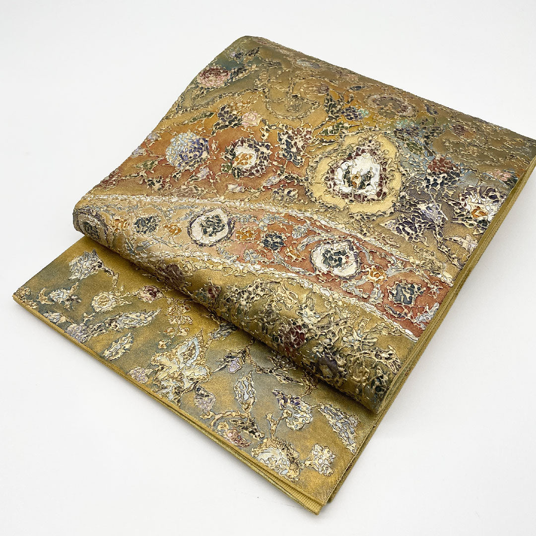 袋帯 幾何学模様 金彩加工 引箔 三原亜矢子 帯丈440cm 正絹 Aランク ポイント柄 フォーマル 金系 1123001053321