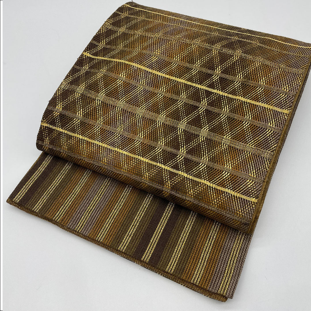 袋帯 組織り 幾何学模様 帯丈456cm 正絹 Sランク ポイント柄 セミフォーマル 茶系 1123000742414