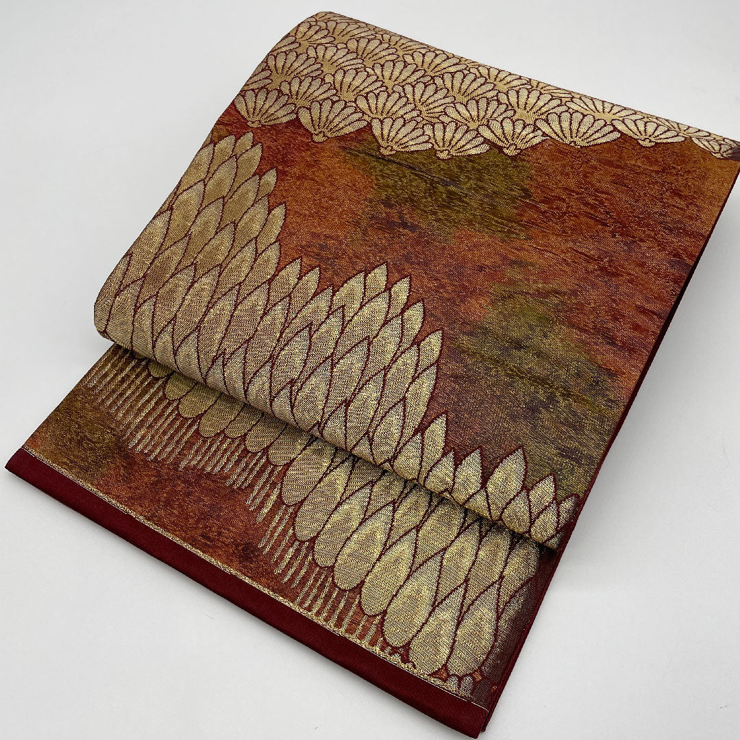 袋帯 風景画 引箔 帯丈417cm 正絹 Sランク 六通 フォーマル 茶系 1123000902314
