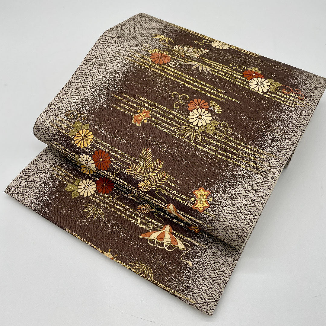 袋帯 吉祥文様 帯丈424cm 正絹 Sランク 六通 フォーマル 茶系 1123001002314