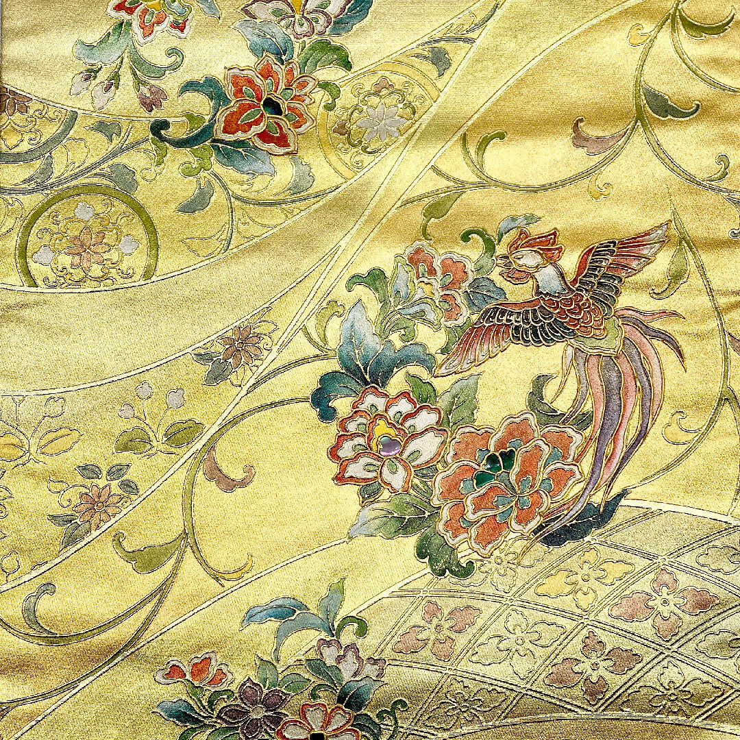 袋帯 金彩加工 鳳凰 螺鈿 帯丈440cm 正絹 Aランク ポイント柄 フォーマル 金系 1123001043321