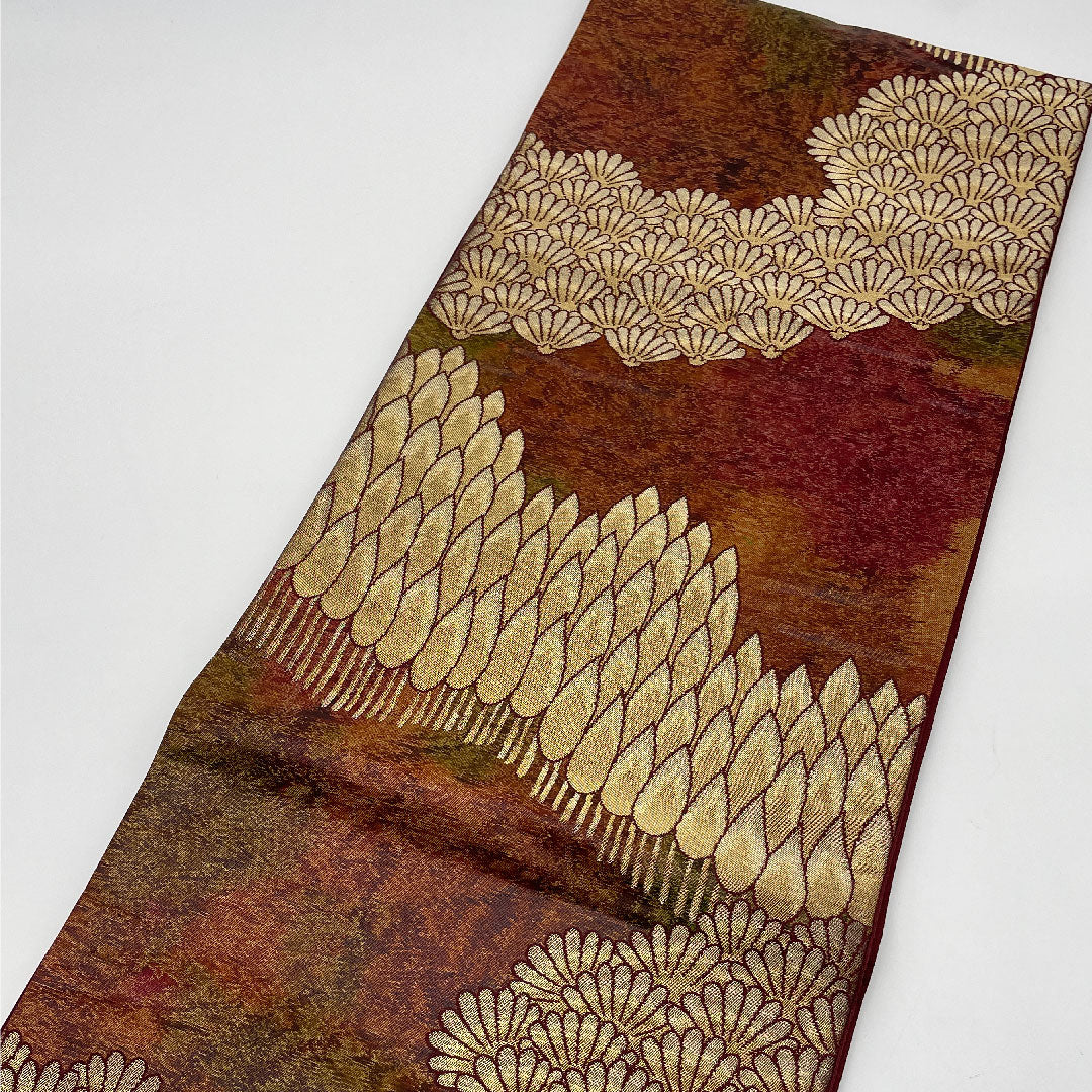 袋帯 風景画 引箔 帯丈417cm 正絹 Sランク 六通 フォーマル 茶系 1123000902314