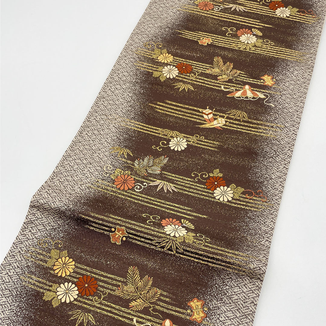 袋帯 吉祥文様 帯丈424cm 正絹 Sランク 六通 フォーマル 茶系 1123001002314