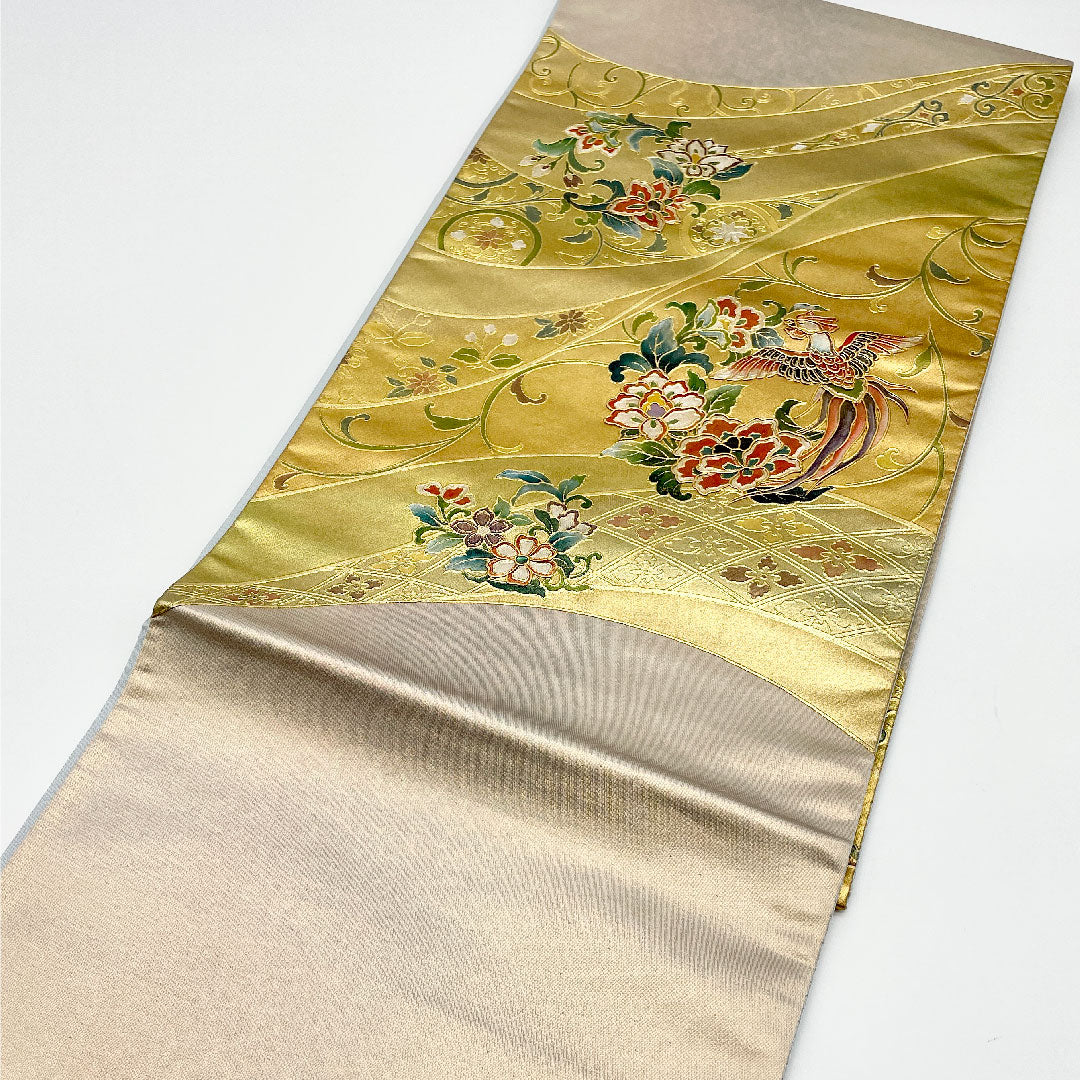 袋帯 金彩加工 鳳凰 螺鈿 帯丈440cm 正絹 Aランク ポイント柄 フォーマル 金系 1123001043321