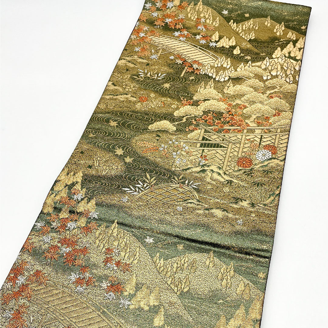 袋帯 風景画 帯丈424cm 正絹 Aランク 六通 フォーマル 緑系 1123000813319