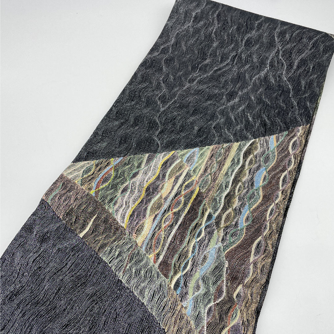 袋帯 幾何学模様 櫛織 全通 帯丈442cm 正絹 Sランク 全通 カジュアル 黒系 1123001072310