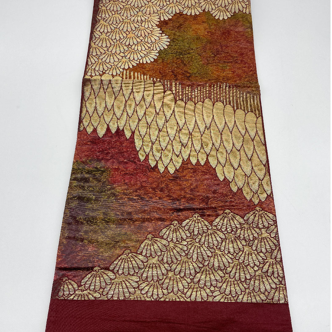 袋帯 風景画 引箔 帯丈417cm 正絹 Sランク 六通 フォーマル 茶系 1123000902314
