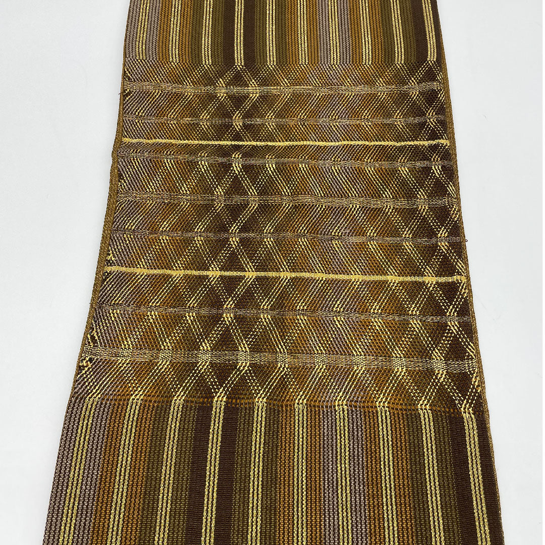 袋帯 組織り 幾何学模様 帯丈456cm 正絹 Sランク ポイント柄 セミフォーマル 茶系 1123000742414