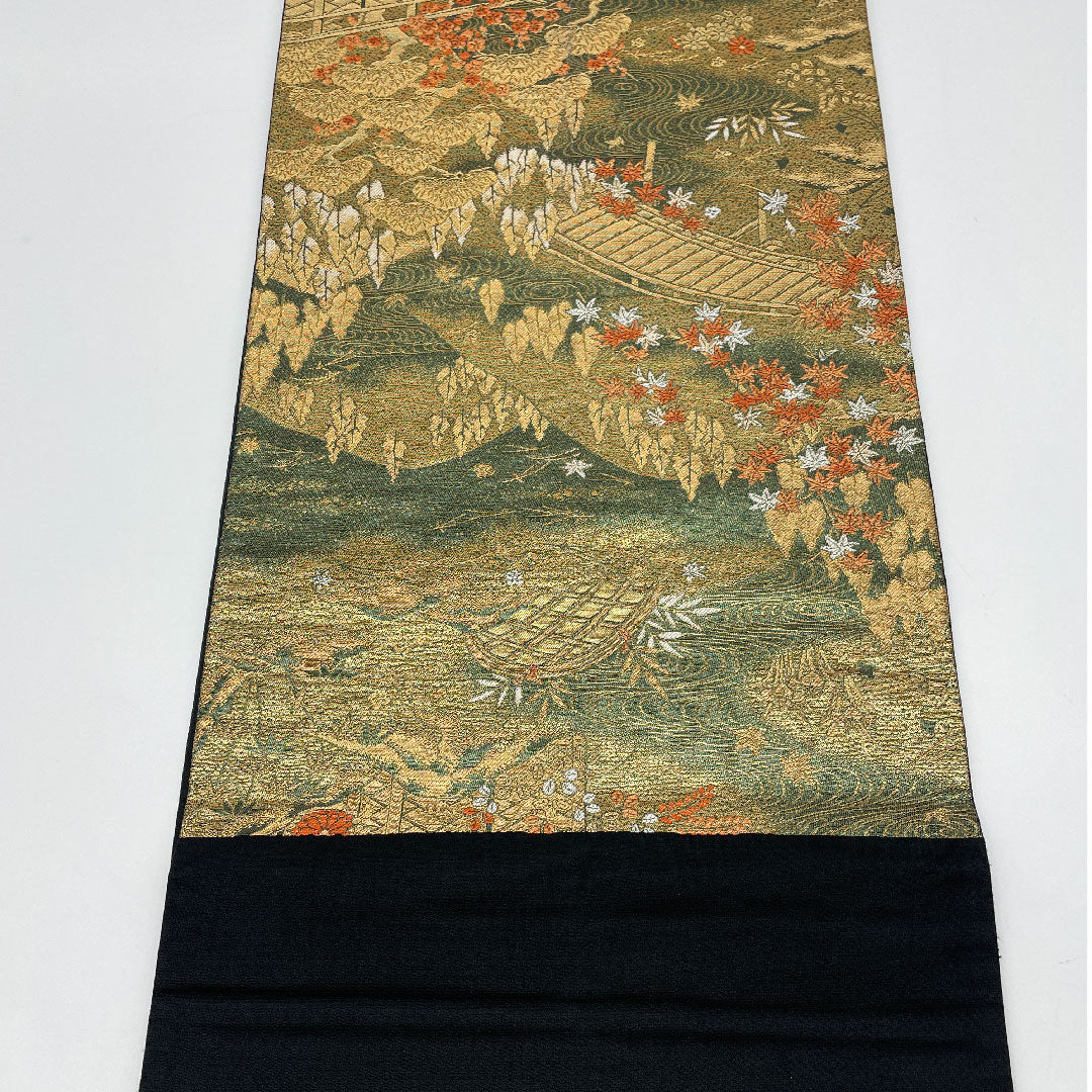 袋帯 風景画 帯丈424cm 正絹 Aランク 六通 フォーマル 緑系 1123000813319