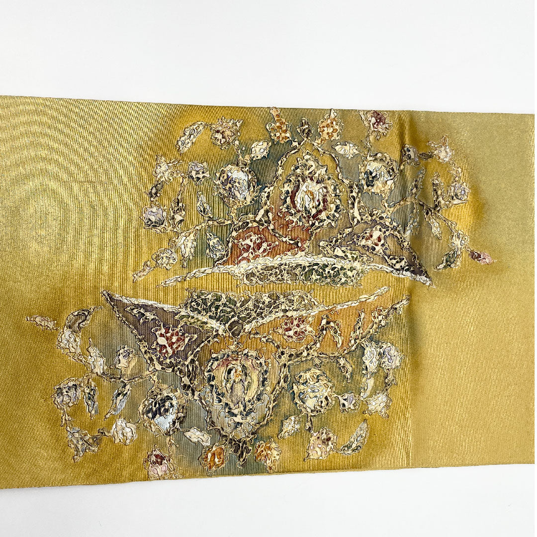 リサイクル着物】袋帯 幾何学模様 金彩加工 引箔 440cm 正絹 ポイント