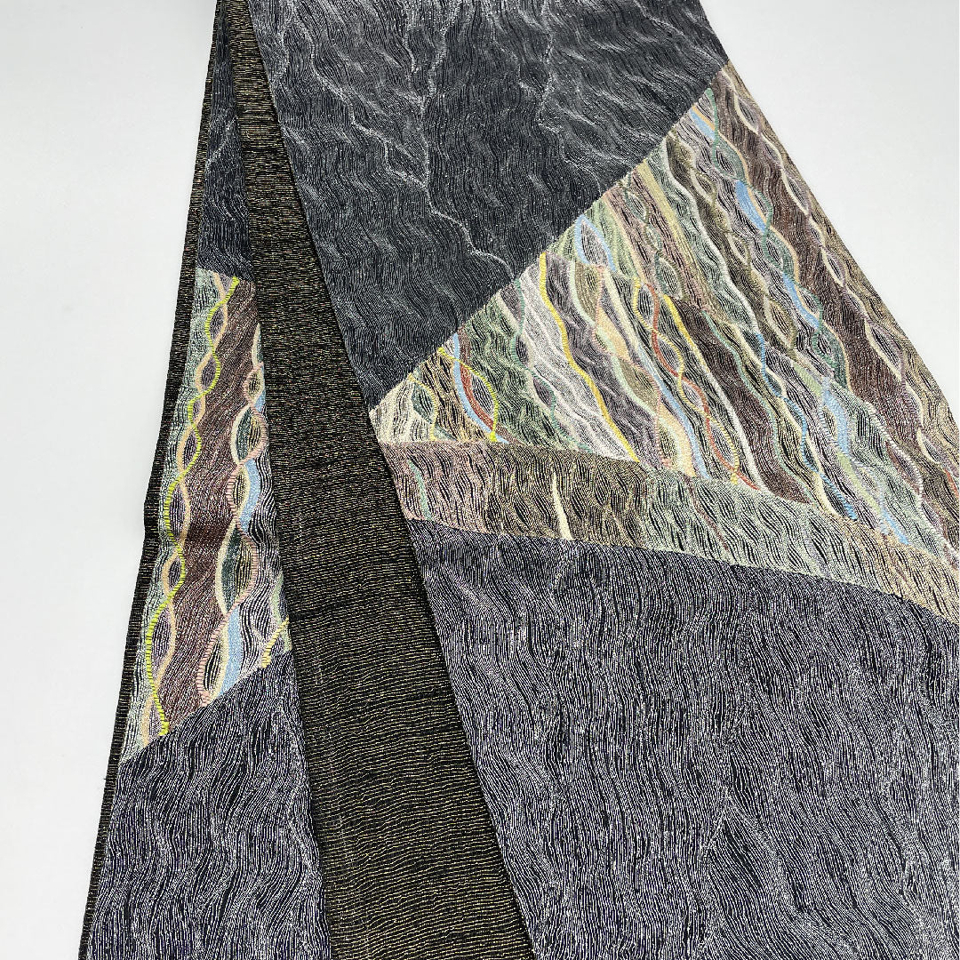 袋帯 幾何学模様 櫛織 全通 帯丈442cm 正絹 Sランク 全通 カジュアル 黒系 1123001072310