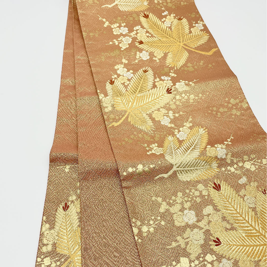 袋帯 朱金若松文 菱 帯丈455cm 正絹 Aランク 六通 フォーマル ピンク系 1123001153413