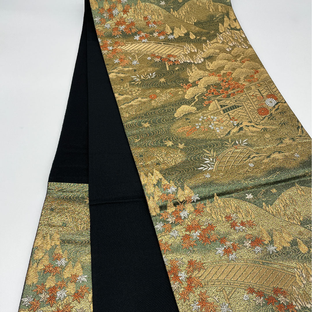袋帯 風景画 帯丈424cm 正絹 Aランク 六通 フォーマル 緑系 1123000813319