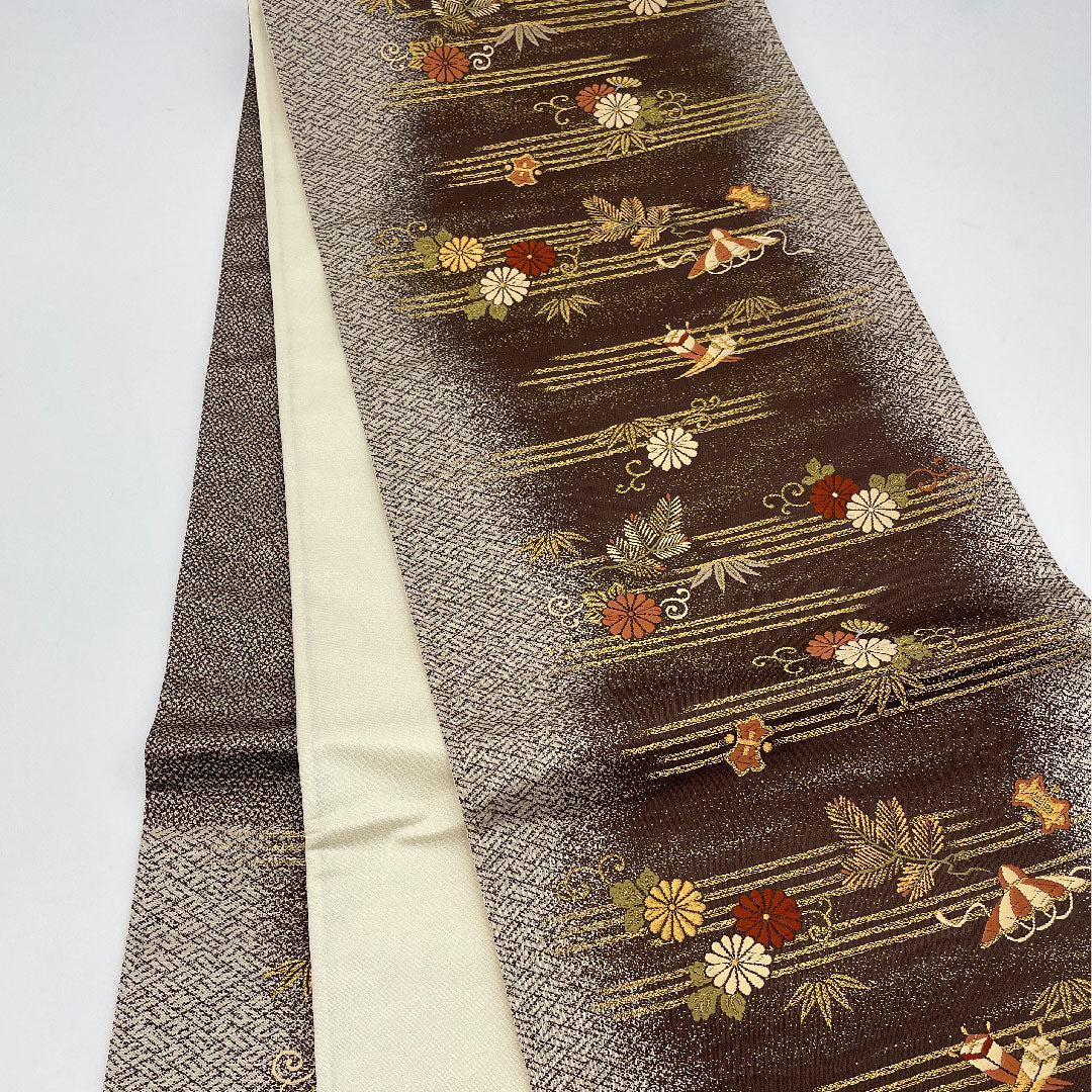 袋帯 吉祥文様 帯丈424cm 正絹 Sランク 六通 フォーマル 茶系 1123001002314
