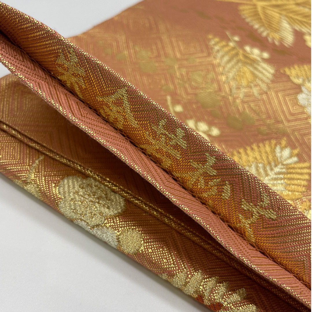 袋帯 朱金若松文 菱 帯丈455cm 正絹 Aランク 六通 フォーマル ピンク系 1123001153413