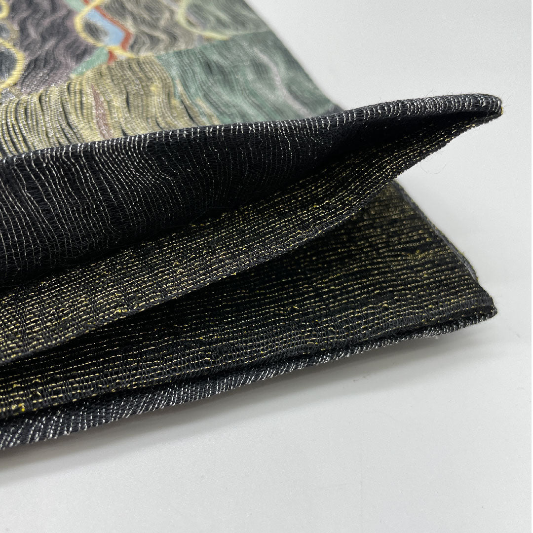 袋帯 幾何学模様 櫛織 全通 帯丈442cm 正絹 Sランク 全通 カジュアル 黒系 1123001072310