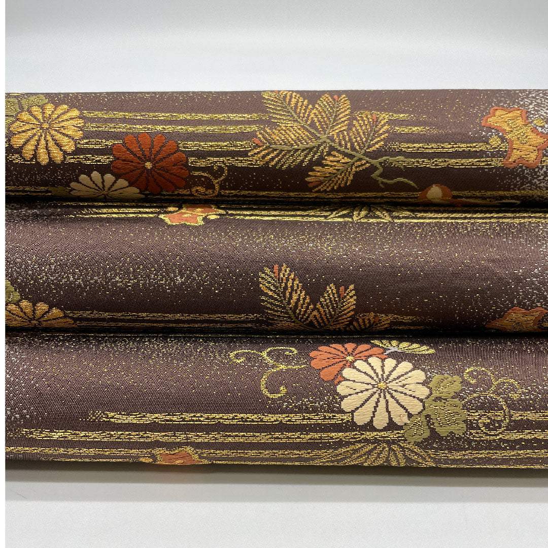 袋帯 吉祥文様 帯丈424cm 正絹 Sランク 六通 フォーマル 茶系 1123001002314