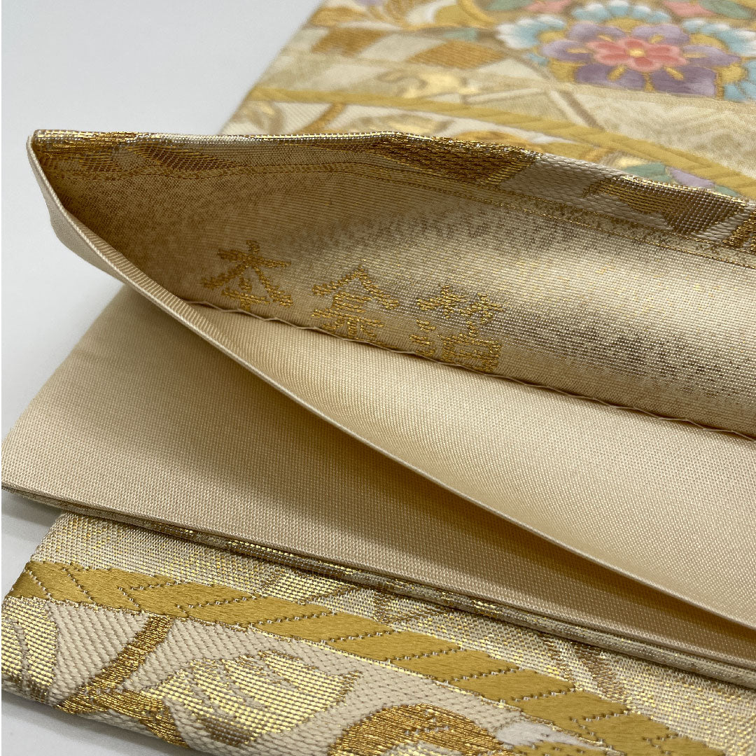 袋帯 本金箔 御車花詰華文 七宝 亀甲 帯丈436cm 正絹 Sランク 六通 フォーマル クリーム系 1123001082315